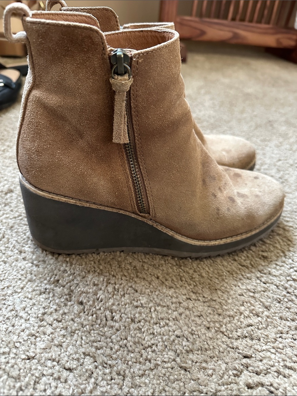 Sofft Tan Suede Wedge Ankle Boots with Side Zip